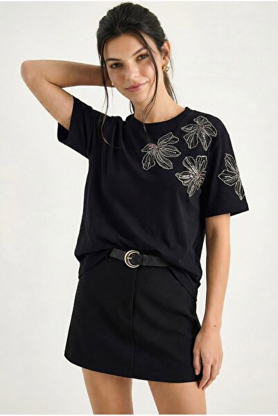 Hiccup Tricou cu guler rotund și broderie florală LUCCI