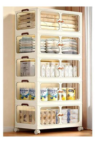 Generic 5-Layer Storage Cabinet, Stackable Storage Box with Wheels, Double Do...