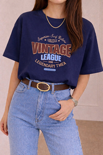 SANTAMİLA Navy Blue Vintage Printed Oversize T-shirt
