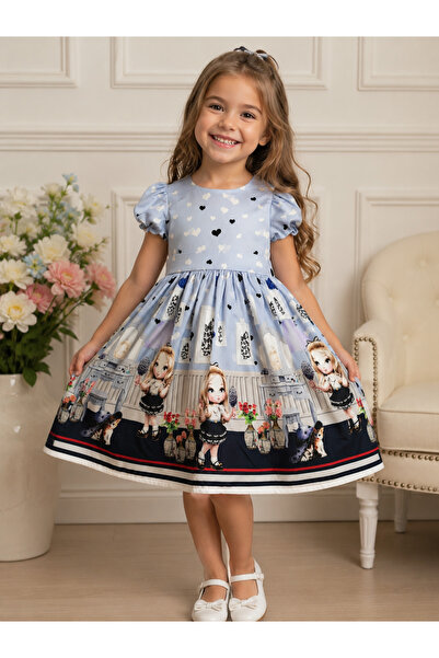 MODA NUR Pastel Mavi Desenli Kız Çocuk Elbise