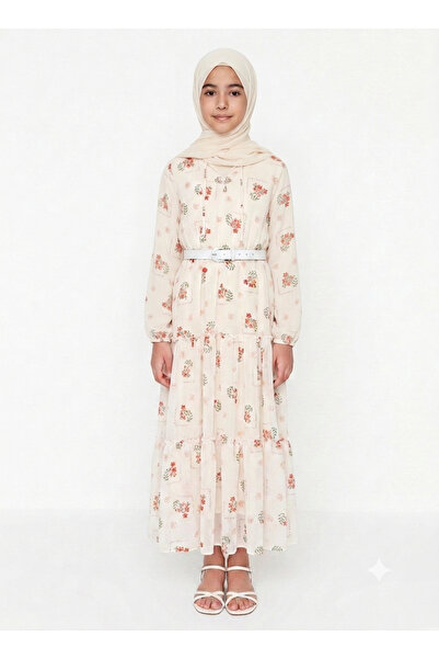 gülerçocuk Girl's Chiffon Dress Long Sleeve Floral Print Matching Hijab Summe...