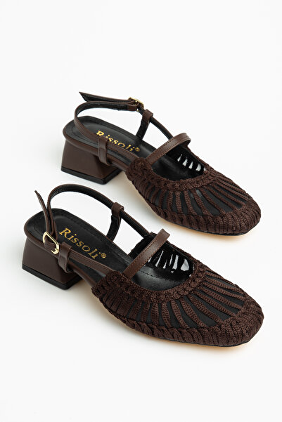 RİSSOLİ Women's Brown Mesh Knitted Short Block Heel Sandals