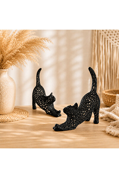 CynDesign Dekoratif Esneyen Kedi 2’li Biblo Siyah 3D Baskı Modern Bohem Ev Of...