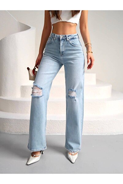 Vooz Women's Lycra Wide Leg Jean Trousers High Waist Knee Ripped Detailed Lig...