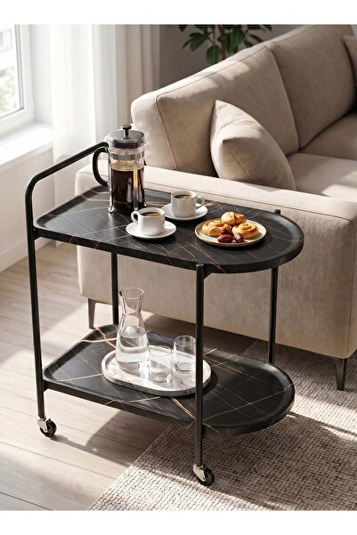Taimi 2-Tier Serving Trolley with Lockable Wheels, Mobile Side Table, Wooden ...