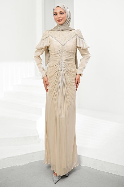 İmajButik Beige Janjan Evening Dress with Gathered Front and Shoulder Detail