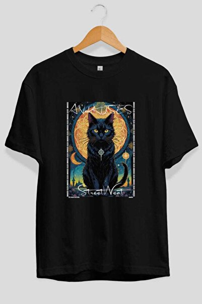Ankhises For the Love of Cats 12 Front Cat Printed Black Oversize T-Shirt 100...