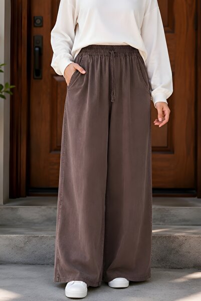 İmajButik Καφέ παντελόνι Tencel με διπλές τσέπες και ελαστική μέση