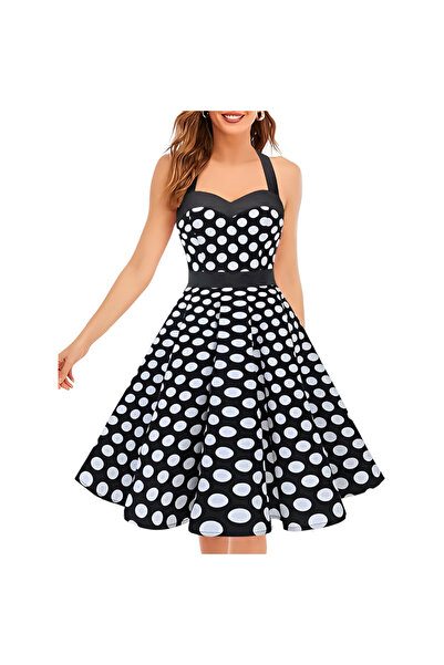 OEM Rochie de damă midi de cocktail Retro Ani 50 vintage, neagră cu buline, m...