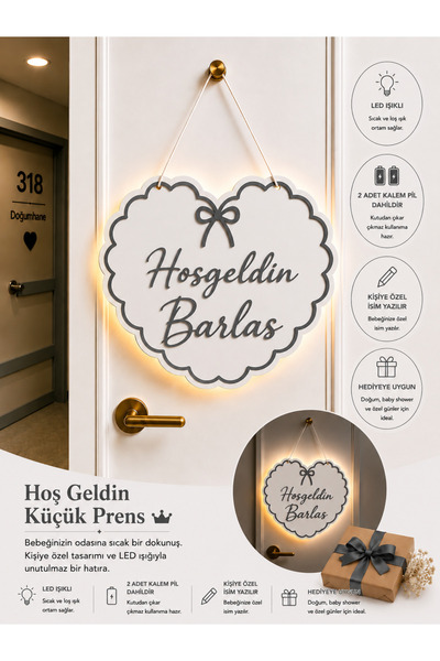 baskigo.com Kişiye Özel LED Işıklı Bebek Kapı Süsü Hoşgeldin Bebek Hastane Od...