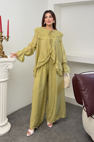 Hatun Atila Tencel Modal Fabric Layered Flounce Tie-Front Blouse and Trousers...