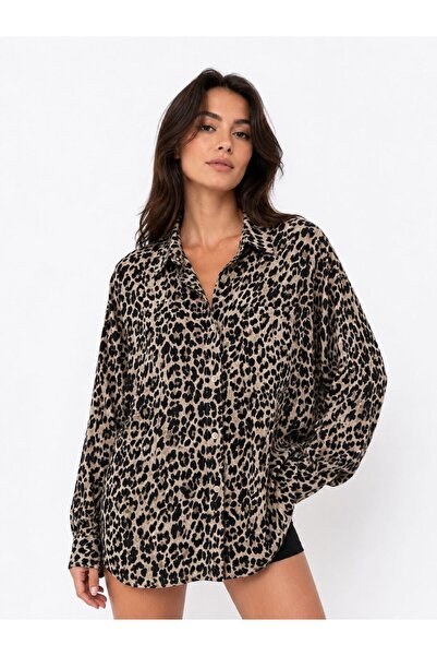 GK LUXURY & FASHION Leopard Oversize Women's Shirt, Tencel Tencel Fabric, Rel...