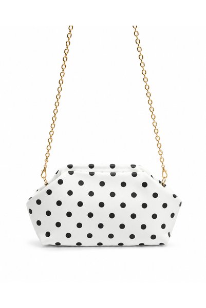 Melos Butik Women's White Polka Dot Patterned Leather Clutch Crossbody Bag with Chain Strap
