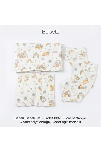 Bebelz %100 Pamuk Müslin Bebek Seti - 100x100 Battaniye, 5'li Ağız Mendili, 4...