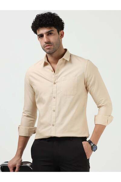 THE SOUTHZ Premium Oxford Solid Light Beige Full Sleeve Shirt