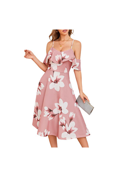 OEM Rochie elegantă midi de cocktail, cu bretele subțiri, vaporoasă, florală,...