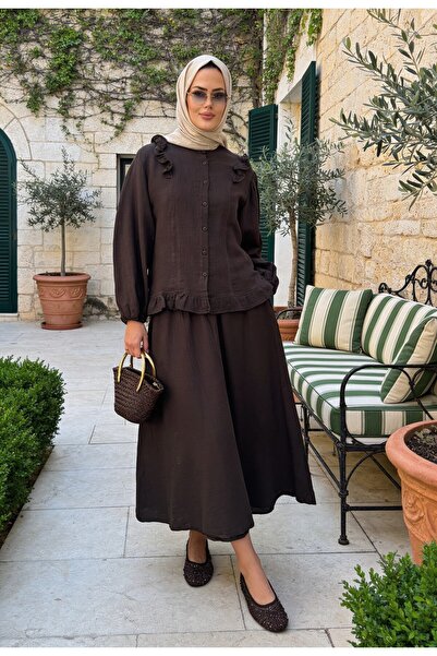 Aselim Hijap Moda Mira Ruffle Detailed 4 Layer Muslin Skirt Set – Brown