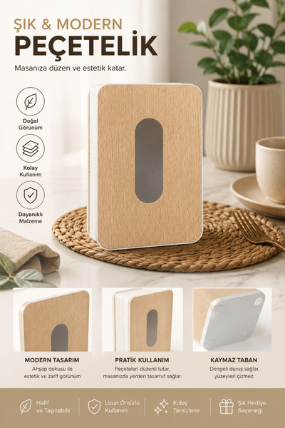 MGEStore Ahşap Desenli Peçetelik Masaüstü Peçete Düzenleyici Modern Dekoratif...