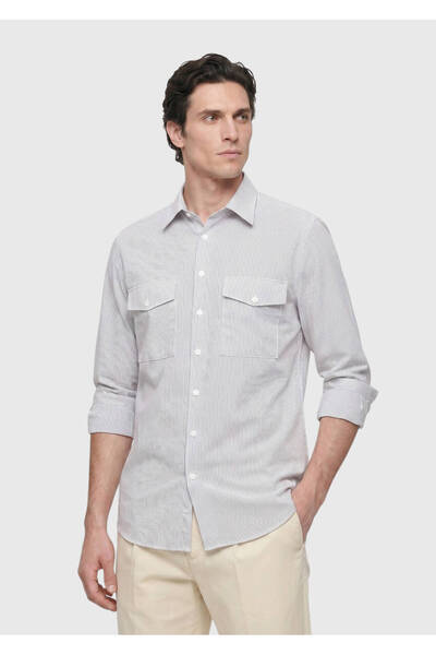 Ramsey Light Mink Striped Regular Fit Long Woven Casual Shirt