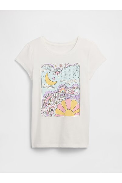 GAP Kız Çocuk Beyaz Grafik Baskılı T-Shirt