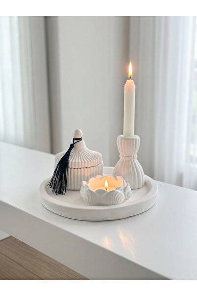 LALEZEN HOME Püsküllü Kapaklı Kutu Şamdan mumluk gül mumluk yuvarlak tepsi set