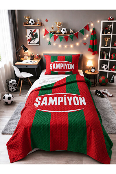 HOMESSA Kırmızı Yeşil Şampiyon Taraftar Çocuk Odası Tek Kişilik Pike Yatak Ör...