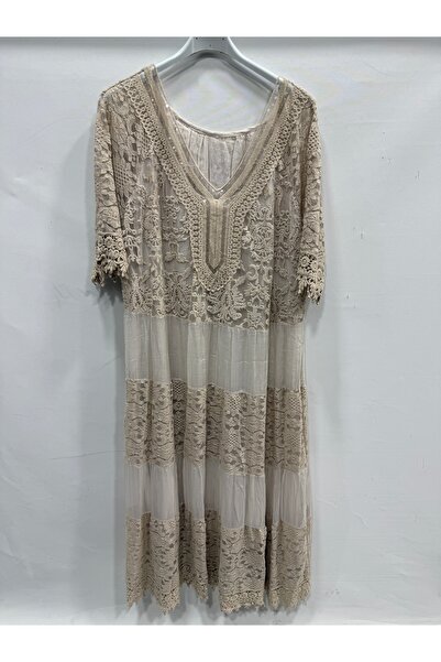 della moor Beige Italian Collar Sequined Lace Lined Long Silk Dress 40 - 46 Size