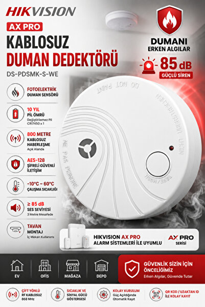 Hikvision KABLOSUZ DUMAN DEDEKTÖRÜ (AX PRO) DS-PDSMK-S-WE / YANGIN DEDKTÖRÜ /...
