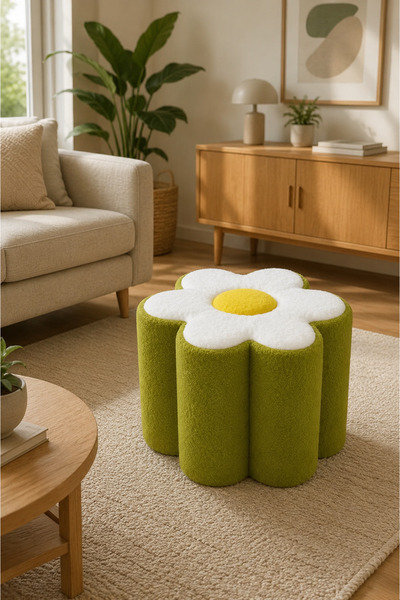 Öztürk Mobilya Design Minimal Puf Berjer, Papatya Teddy Peluş Puf