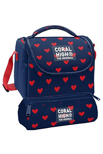Coral High مجموعة صندوق الغداء وحامل القلم بثلاثة أقسام - لون أزرق داكن مع نم...