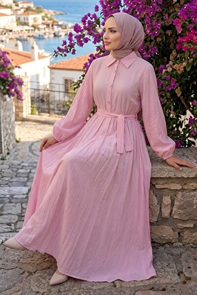 TOFİSA Düğme Detaylı Dokuma Elbise Pembe - 28478-PEMBE