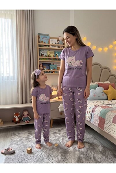 tusem butik homewear Majka-ćerka pamučni ljubičasti mačkasti print kratki ruk...