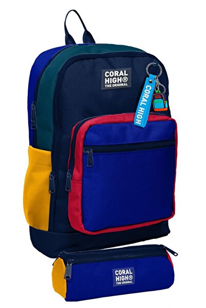 Coral High School Backpack and Pen Holder Set - Navy Blue Stripe Patterned Bo...