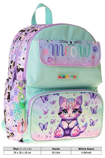 KAUKKO Kids Kız Çocuk Mor Kedi Desenli Okul Çantası - Yeşil - Mor - Meow - L5288