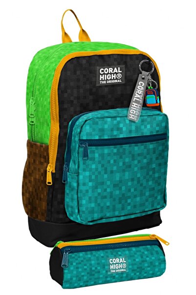 Coral High School Backpack and Pen Holder Set - Black Green Brown Craft Patte...