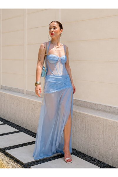 YK FASHION Çiçek Desenli Tül Tasarım Elbise