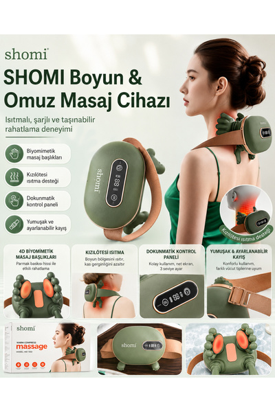 shomi MD-1832 Şarjlı Yoğurmalı Boyun Ve Sırt Masaj Aleti - Isıtmalı Kulunç Ve...