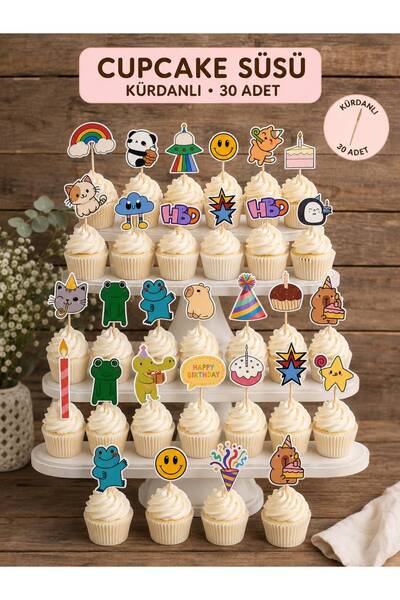 CRN Happy Birthday Cupcake Süsü 30 adet, Caketopper, Pasta Süsü