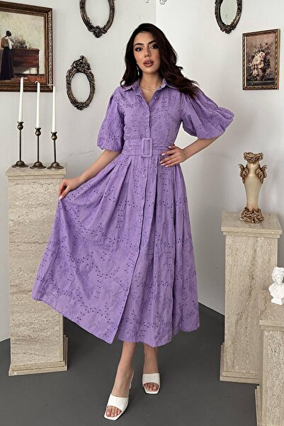 Caddebostan Moda فستان ميدي مطرز بالدانتيل مع ياقة وحزام وأكمام بالون مطوية