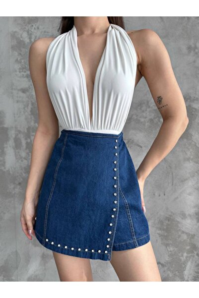 Aida Fashion Taşlı denim şort etek