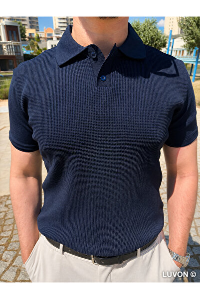 LUVON Navy Blue Men's Polo Collar Buttoned Short Sleeve T-Shirt