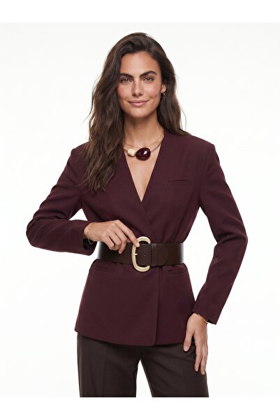 ONLOOX Burgundy Stretchy Textured Double-Breasted V-Neck Modern Cut Wide Belt...