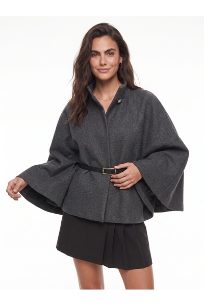 ONLOOX Anthracite Wool Lycra Fabric Stand Collar Gold Button Detailed Belted ...