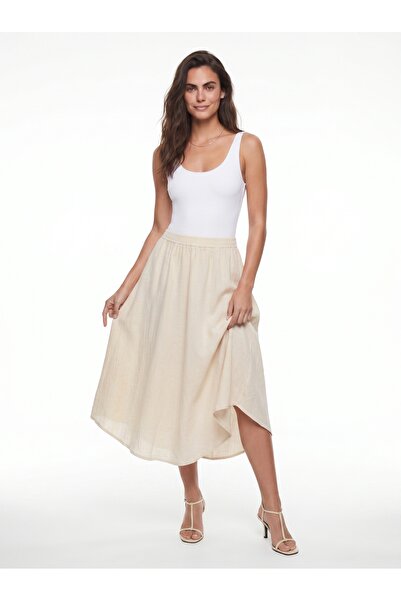 ONLOOX Cream Cotton Muslin Crinkle Waist Elastic Asymmetrical Cut Lined Comfo...
