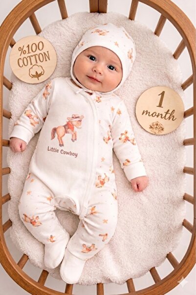 Bebino Unisex Bebek %100 Pamuklu Şapkalı Patikli Kovboy Temalı Tulum Seti