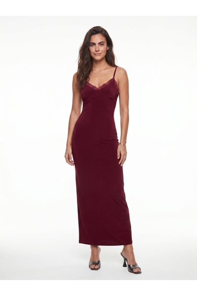 ONLOOX Burgundy Flowy Fabric V-Neck Bodycon Slim Strap Dress with Lace Detail...