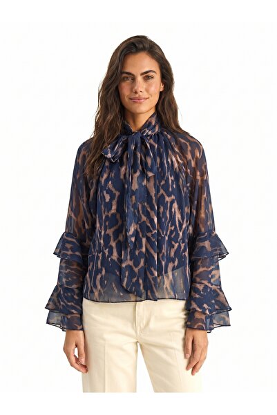 ONLOOX Navy Blue Patterned Chiffon Tie-Neck Comfortable Fit Lined Layered Flo...