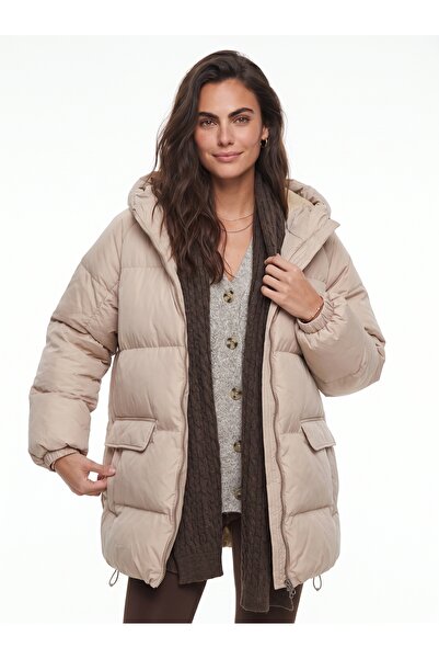 ONLOOX Beige Polyester Fabric Bat Sleeve Oversized Inflatable Coat with Hood ...