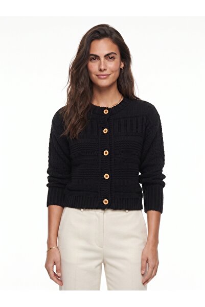 ONLOOX Black Acrylic Blended Textured Crew Neck Standard Fit Buttoned Pattern...