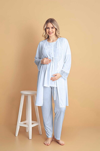 LORIAN'S Mavi Kısa Kollu Lohusa Pijama Takımı 3'Lü Set